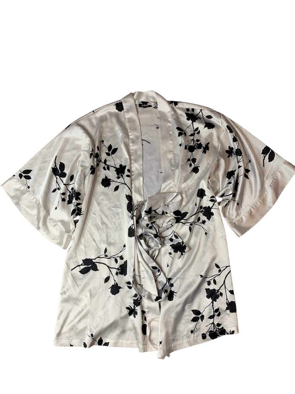 La Senza White Floral Satin Kimono Robe S/M Boho Romantic Rose Print Wrap